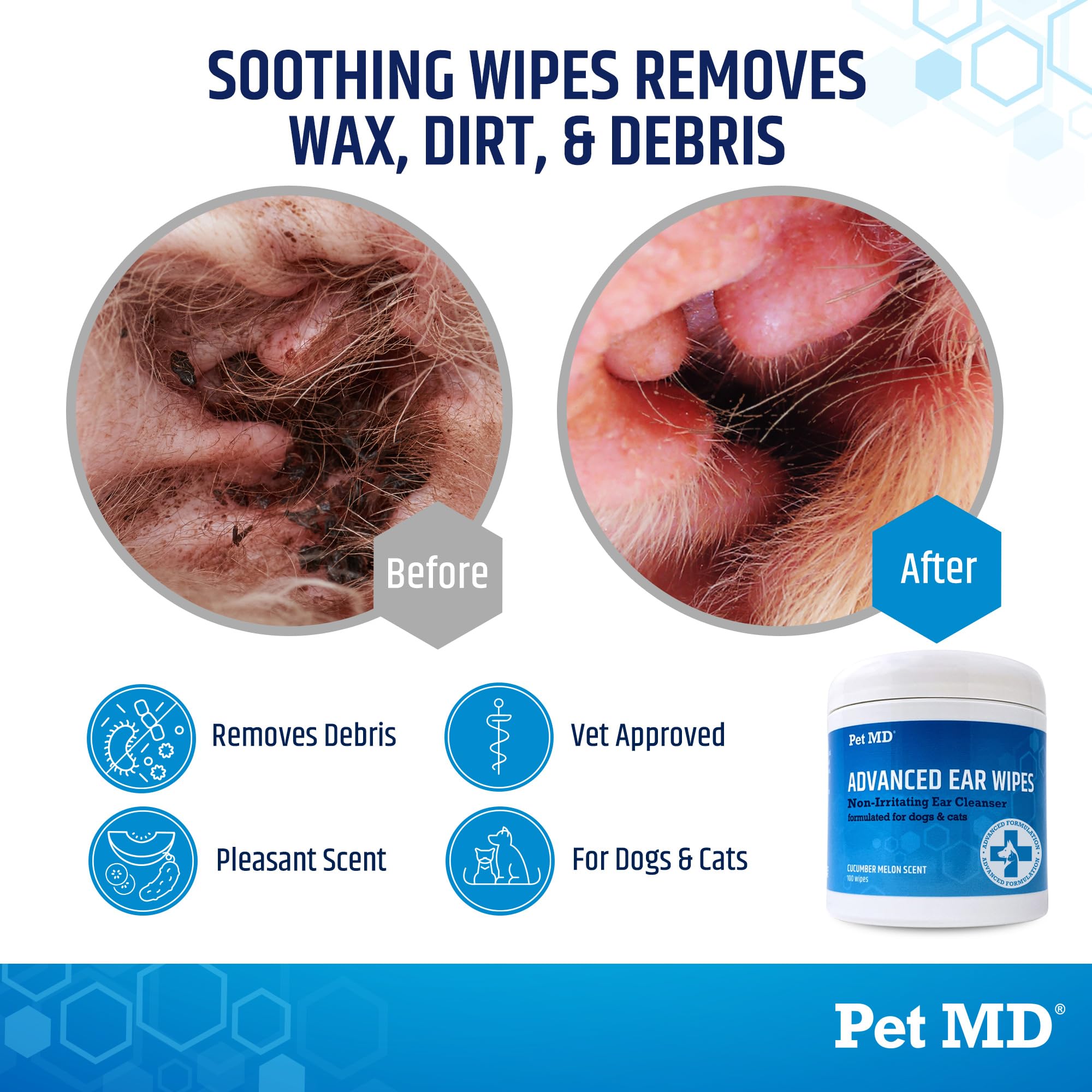 Pet MD Cat and Dog Ear Cleaner Wipes closeup highlighting cucumber melon scent for odor control