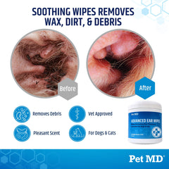 Pet MD Cat and Dog Ear Cleaner Wipes closeup highlighting cucumber melon scent for odor control