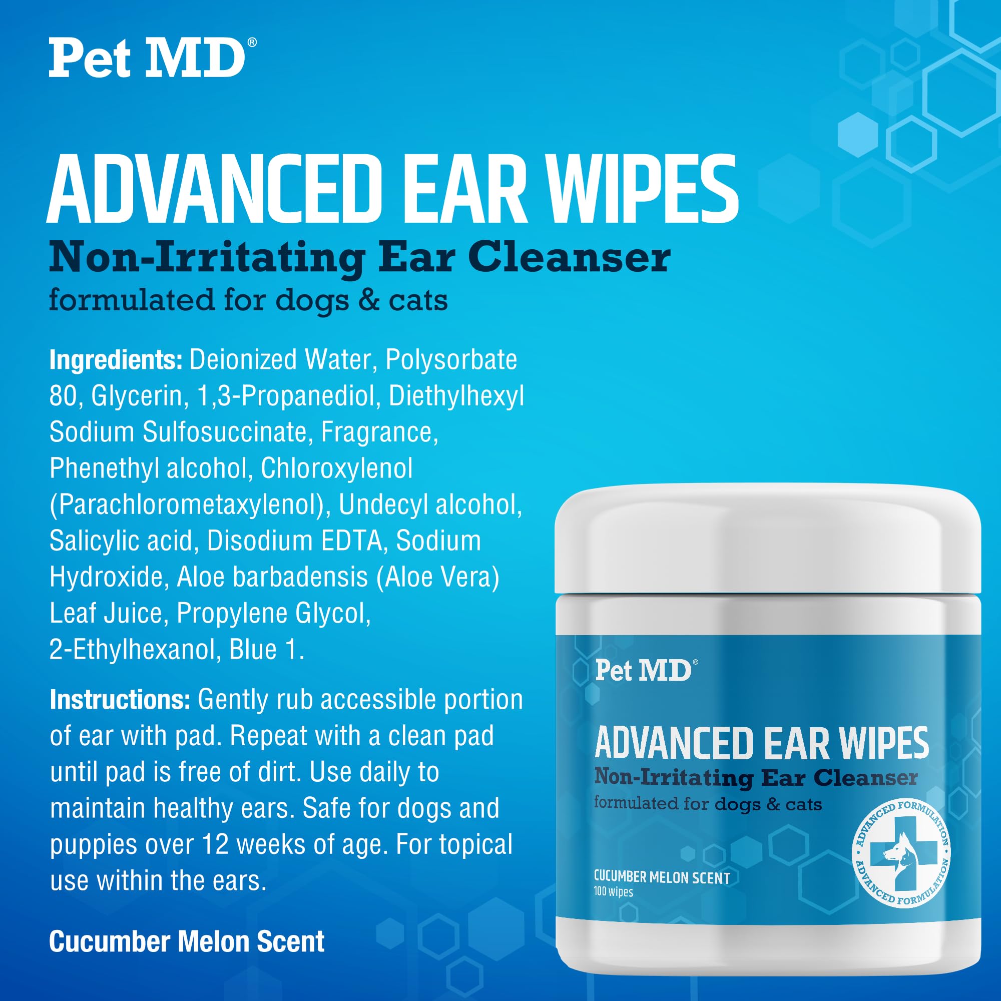 Pet MD Cat and Dog Ear Cleaner Wipes on cat ear, convenient park or travel use