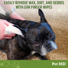 Pet MD dog ear cleaning wipe close-up showing soft aloe-infused formula