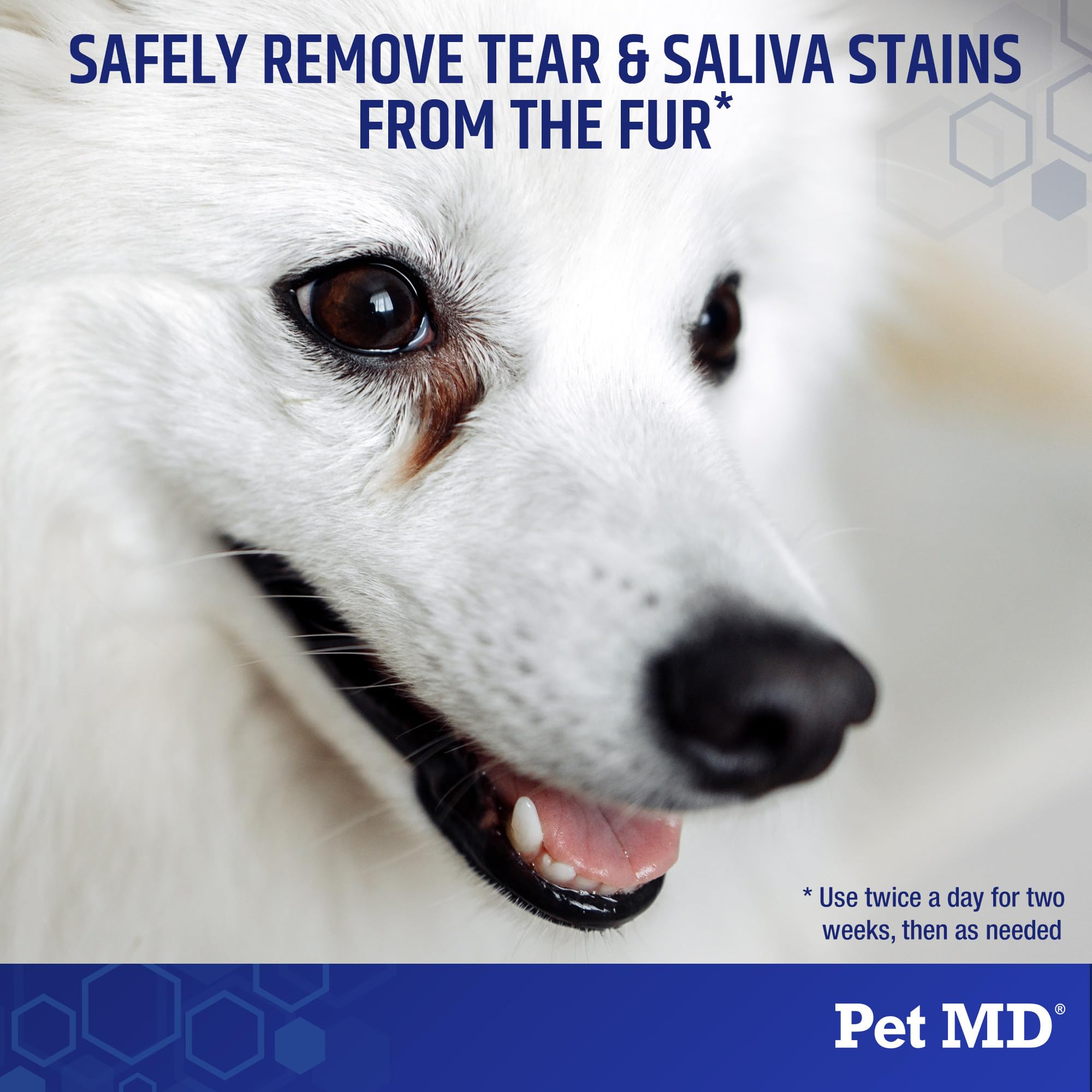 Pet MD Dog Eye Wipes in use around the eye area for stain lifting.