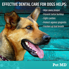 Pet MD finger wipes applied to a dog's teeth for quick cleaning