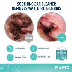 Pet MD ear cleaner liquid close-up highlighting aloe and mild scent.