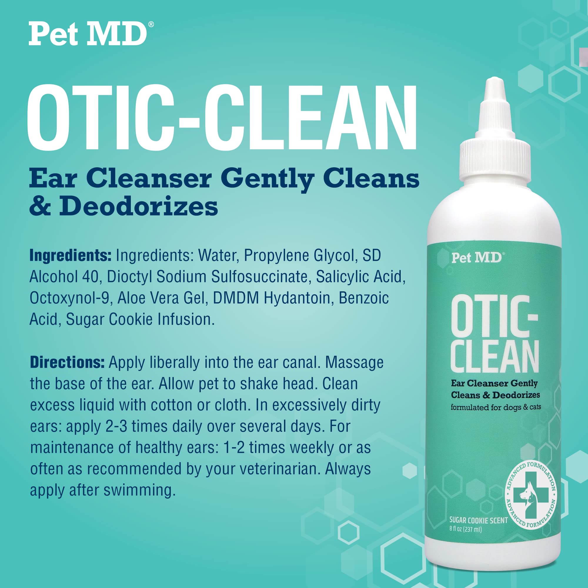 Pet MD ear cleaner sugar cookie scent appealing and odor-neutralizing.