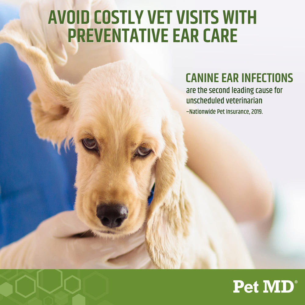 Pet MD ear cleanser wipes in use on a dog for easy cleaning