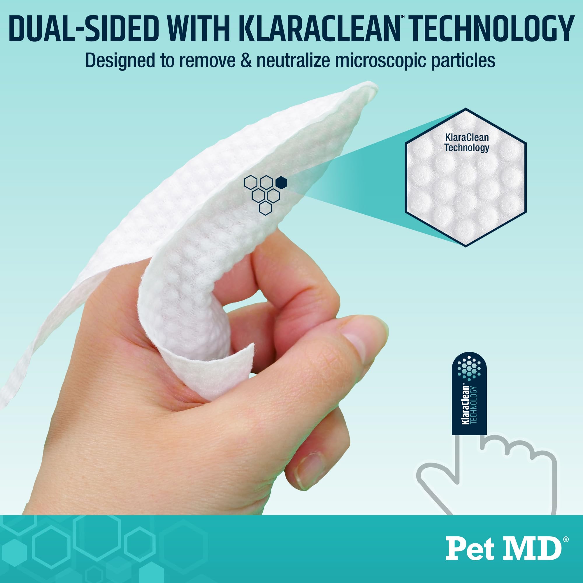 Pet MD finger wipes close-up used on teeth for cleaning.