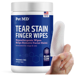 Pet MD Finger Wipes packaging highlights fragrance-free, hypoallergenic eye care.