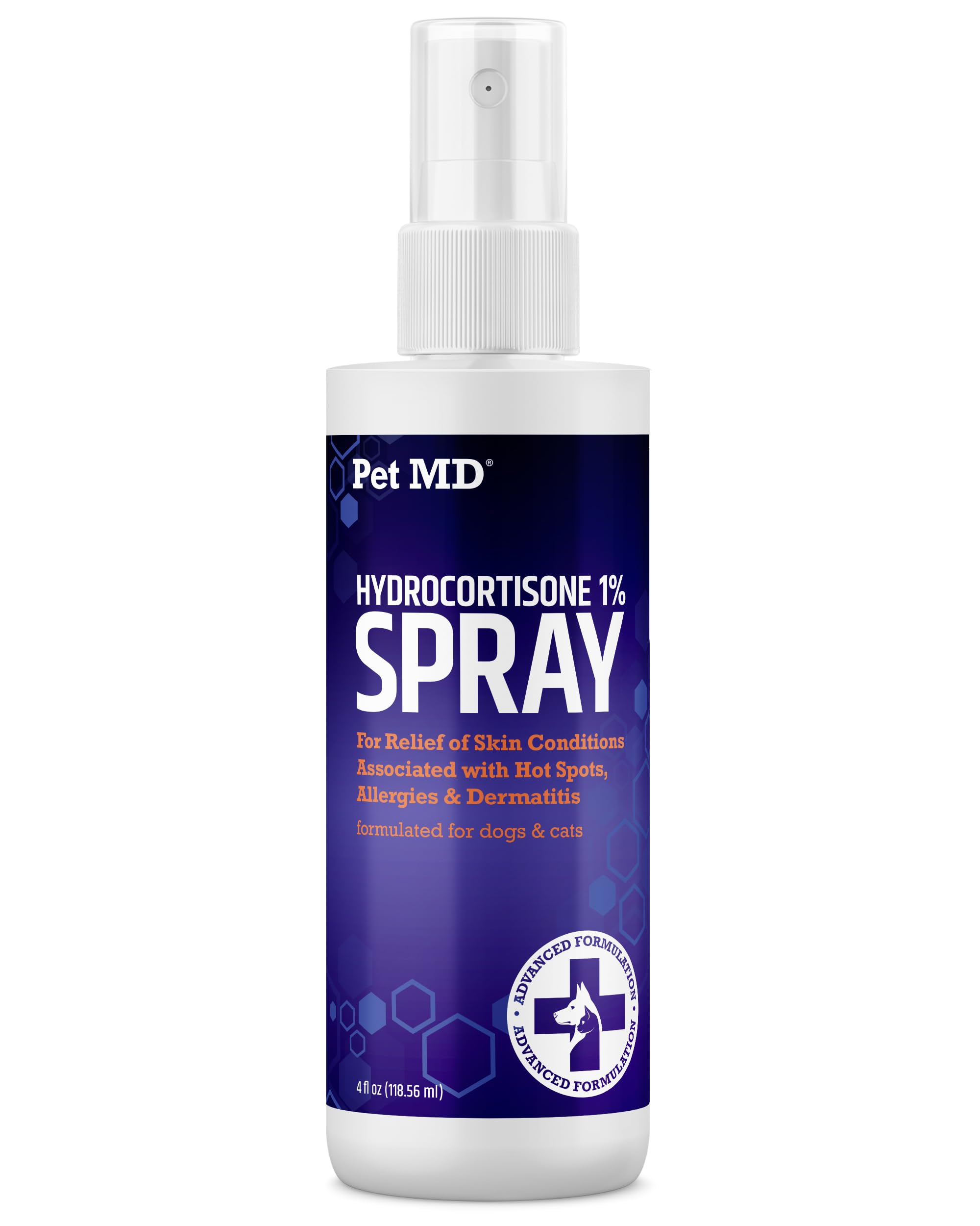 Pet MD Hydrocortisone spray bottle showing clear label and cap for quick itch relief