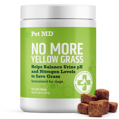Pet MD Lawn Aid Chews bottle front shows 120-count for dogs and lawn support