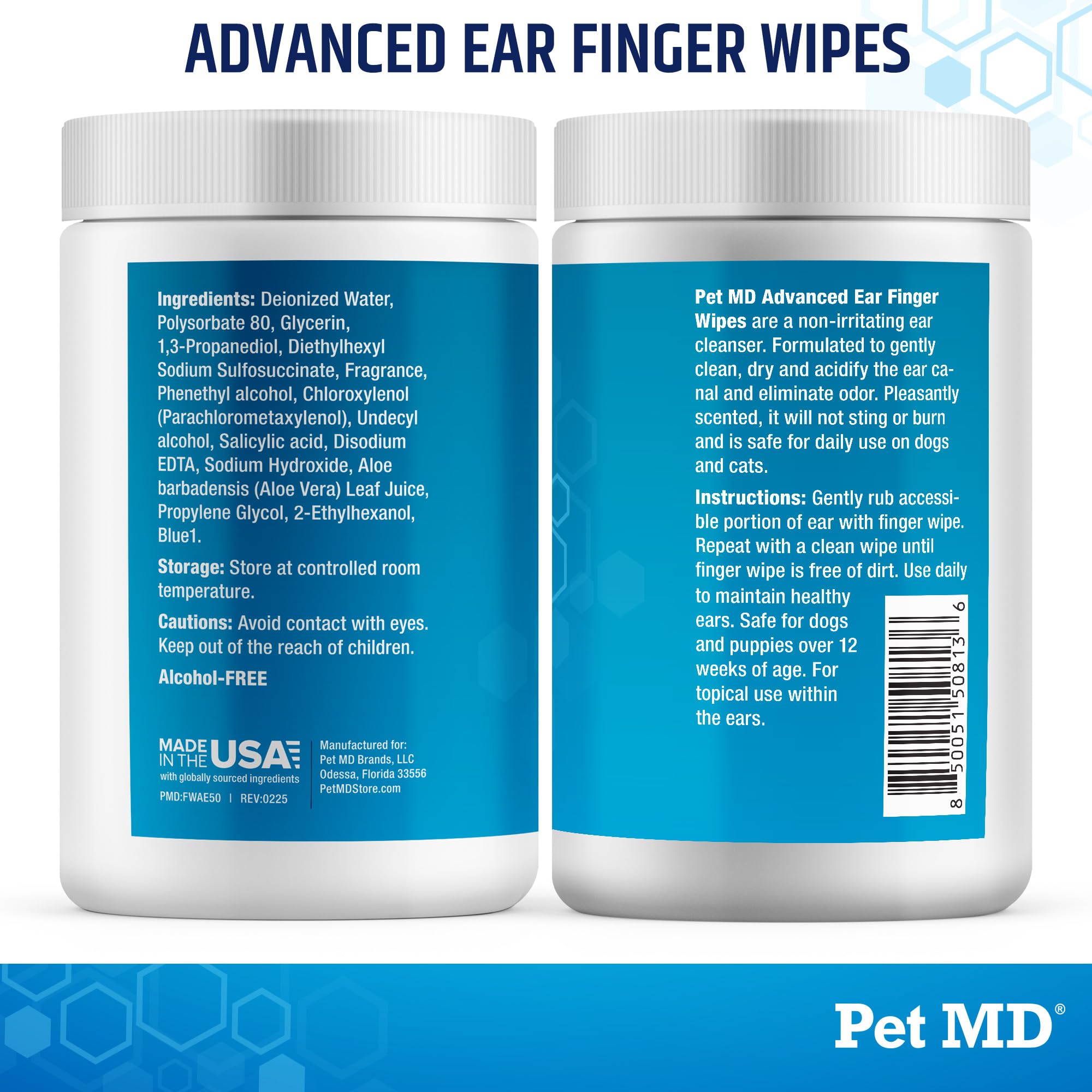Pet MD Made in USA badge on ear wipes packaging.