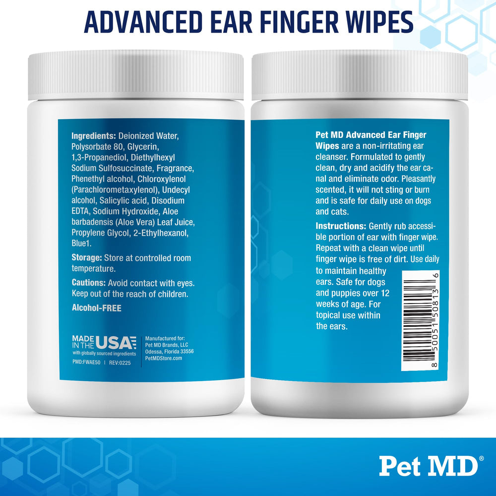 Pet MD Made in USA badge on ear wipes packaging.