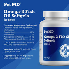 Pet MD Omega 3 dog softgel capsules image highlighting daily supplement form
