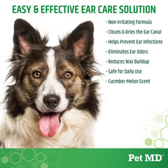 Pet MD Otic Clean being applied to a dog's ear for daily cleanliness.