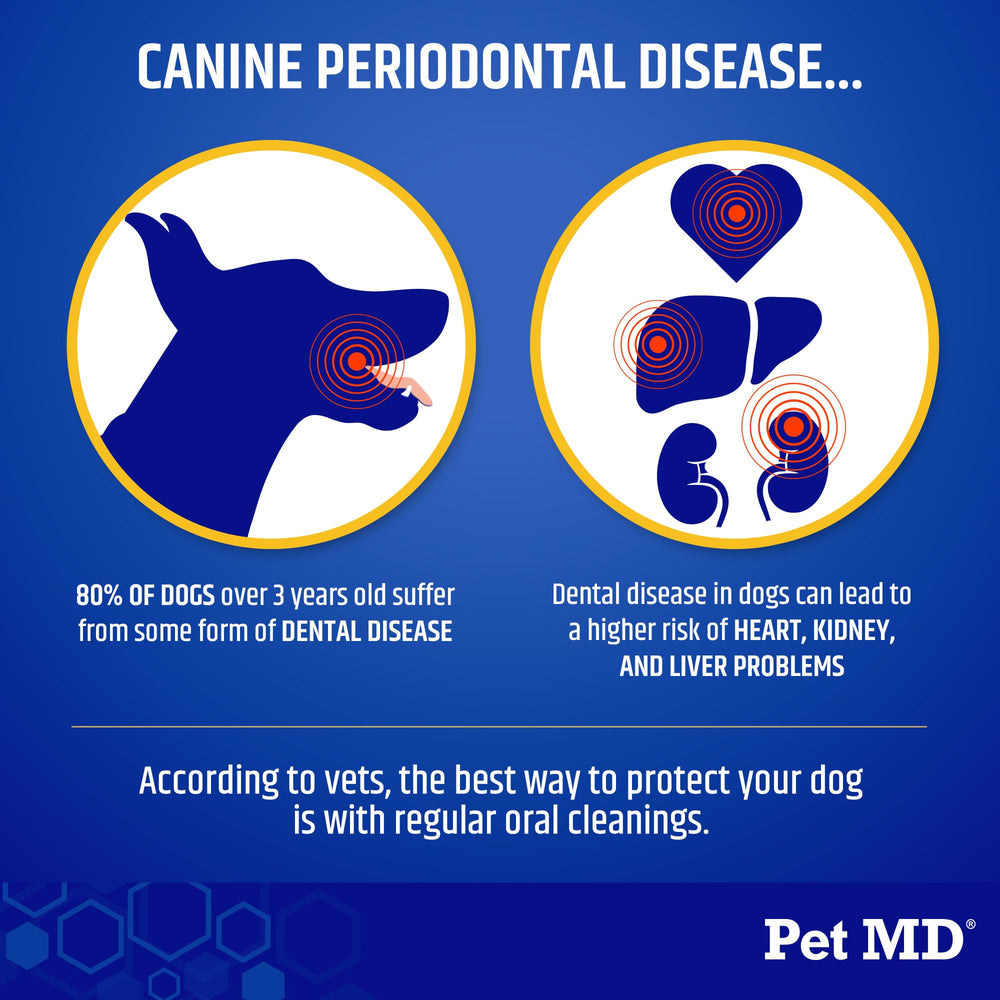 Pet MD Proden PlaqueOff powder sprinkled on dog food for easier mealtime routine.
