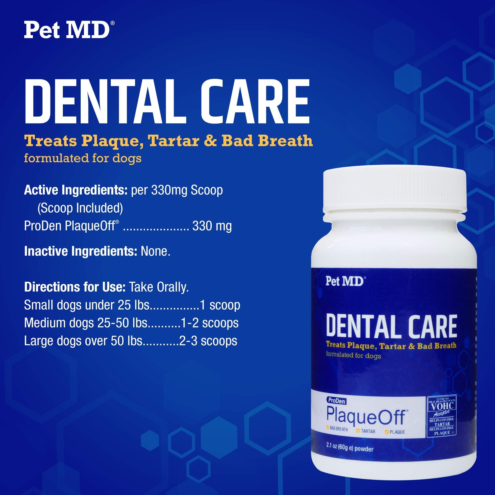 Pet MD Proden PlaqueOff vet-recommended label highlights global veterinary support.