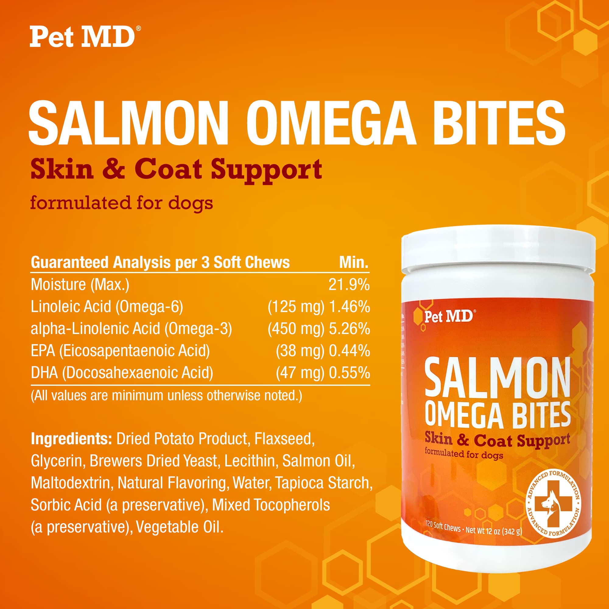 Pet MD Salmon Omega Bites dog chews ready to serve as a tasty treat.