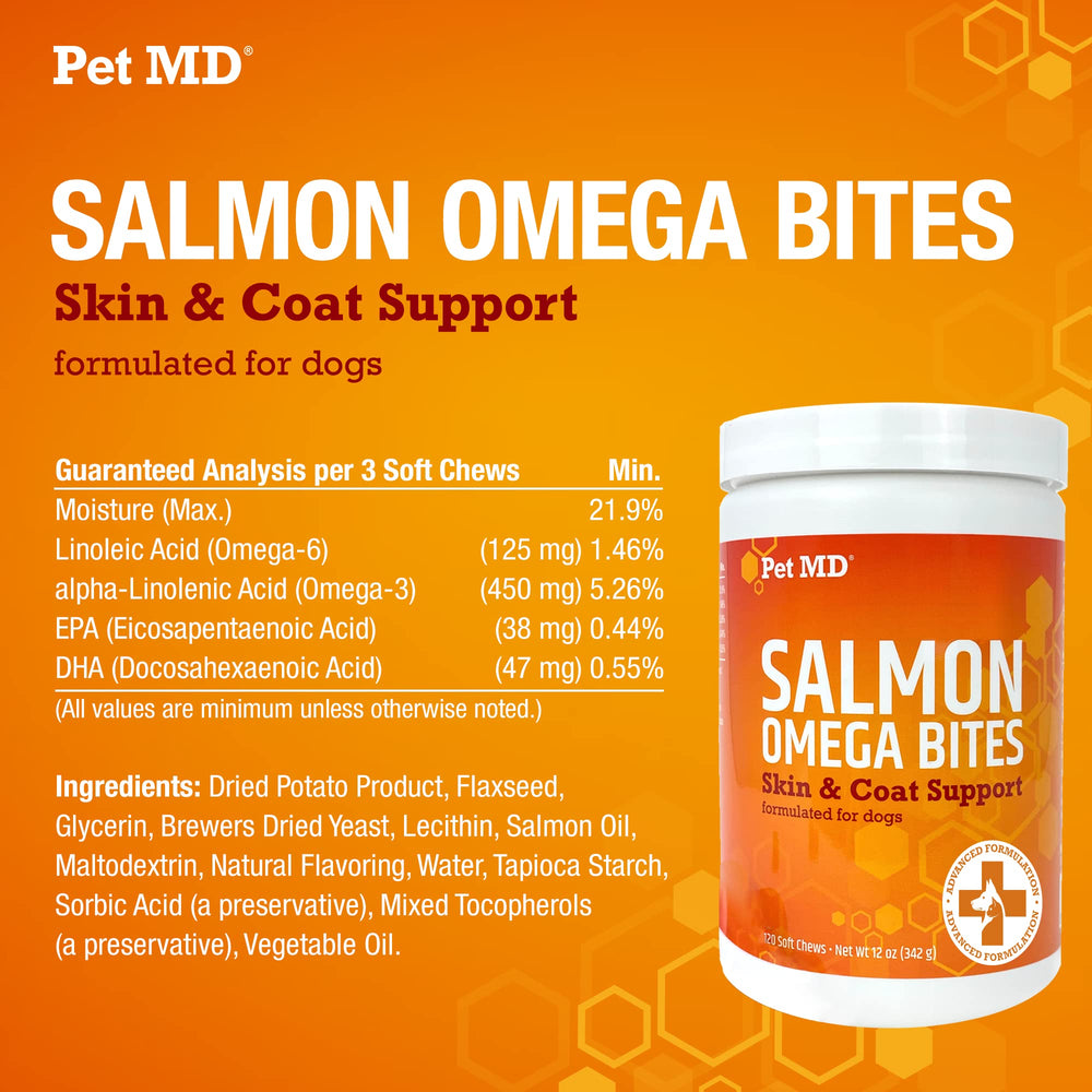Pet MD Salmon Omega Bites dog chews ready to serve as a tasty treat.