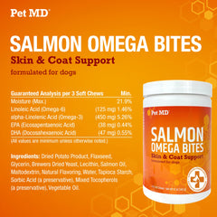 Pet MD Salmon Omega Bites dog chews ready to serve as a tasty treat.