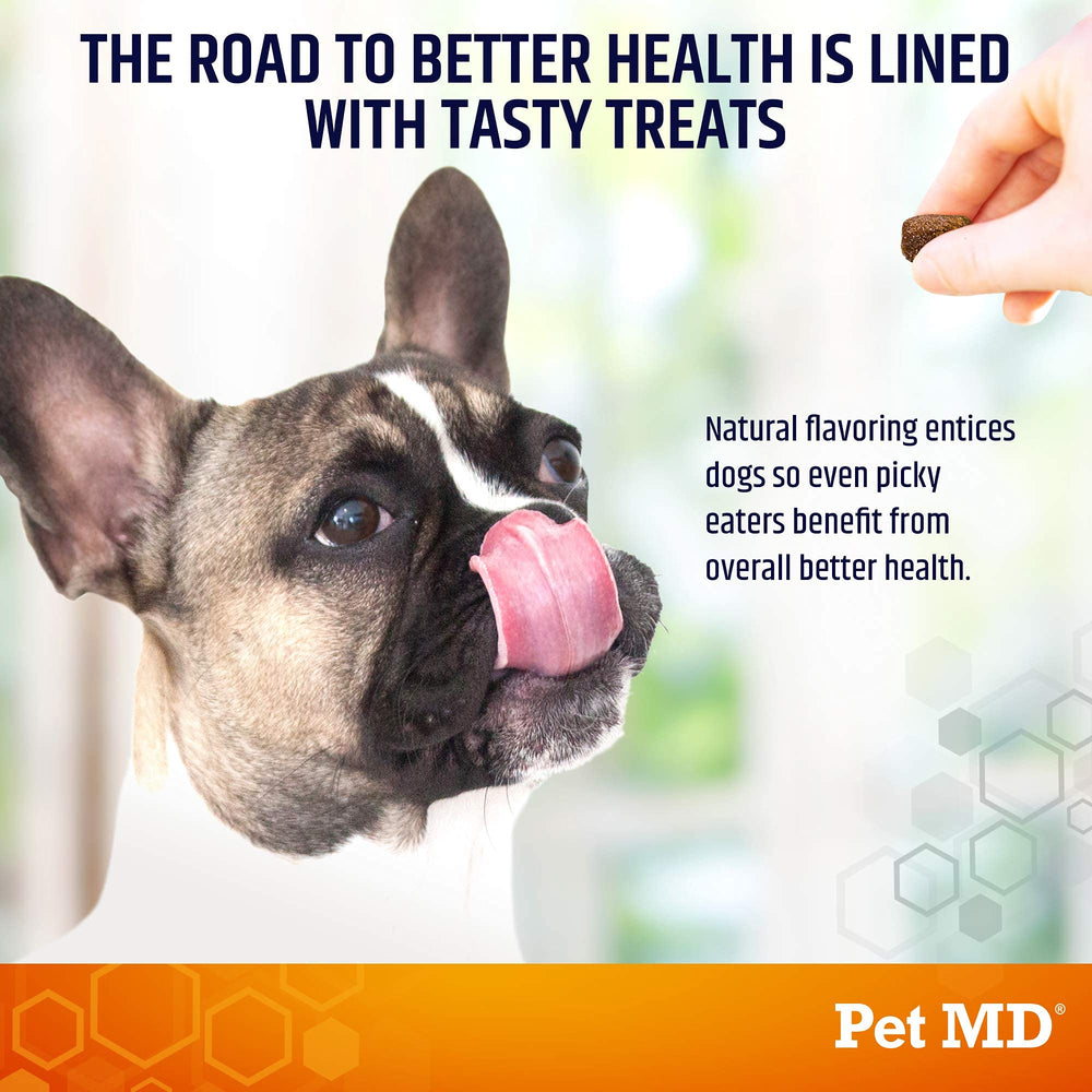Pet MD Salmon Omega Bites packaging indicating USA-made quality.