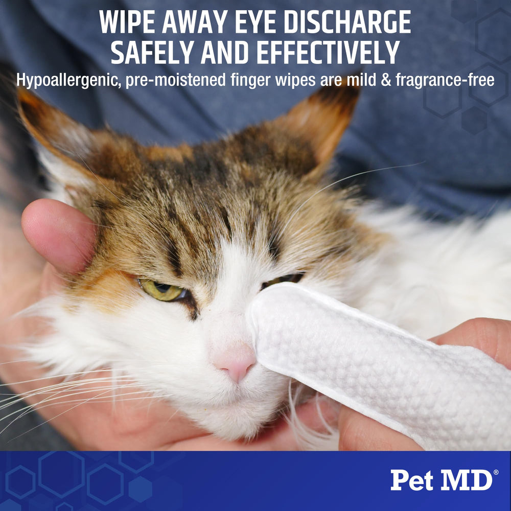 Pet MD Tear Stain Remover wipes close-up shows gentle formula for sensitive pets.