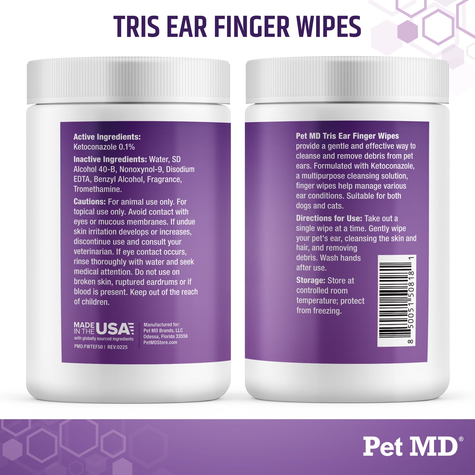 Pet MD Tris Ear Finger Wipes made in USA, quality grooming.