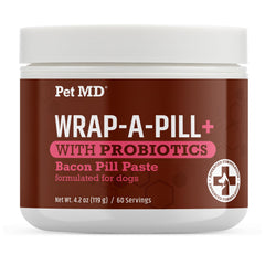 Pet MD Wrap-A-Pill bacon paste closeup shows easy medication masking for dogs.