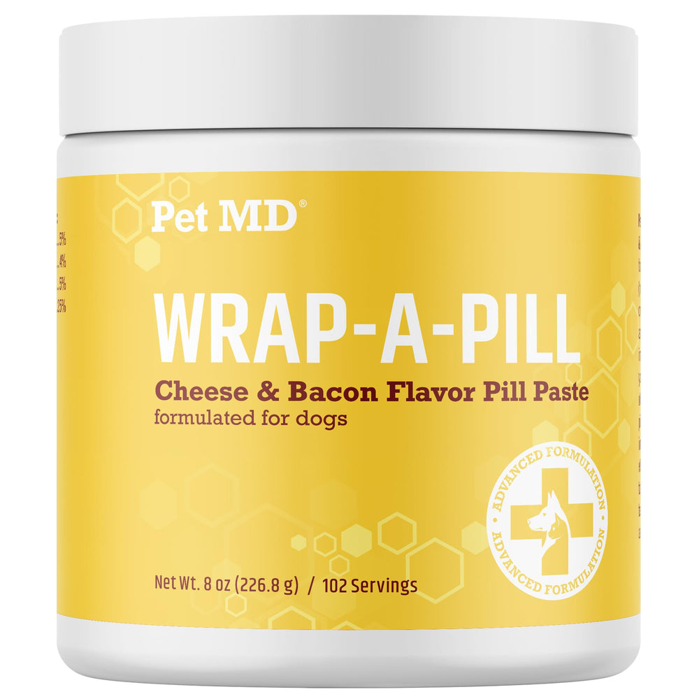 Pet MD Wrap A Pill jar showing cheese-bacon paste for easy pill hiding and flavor