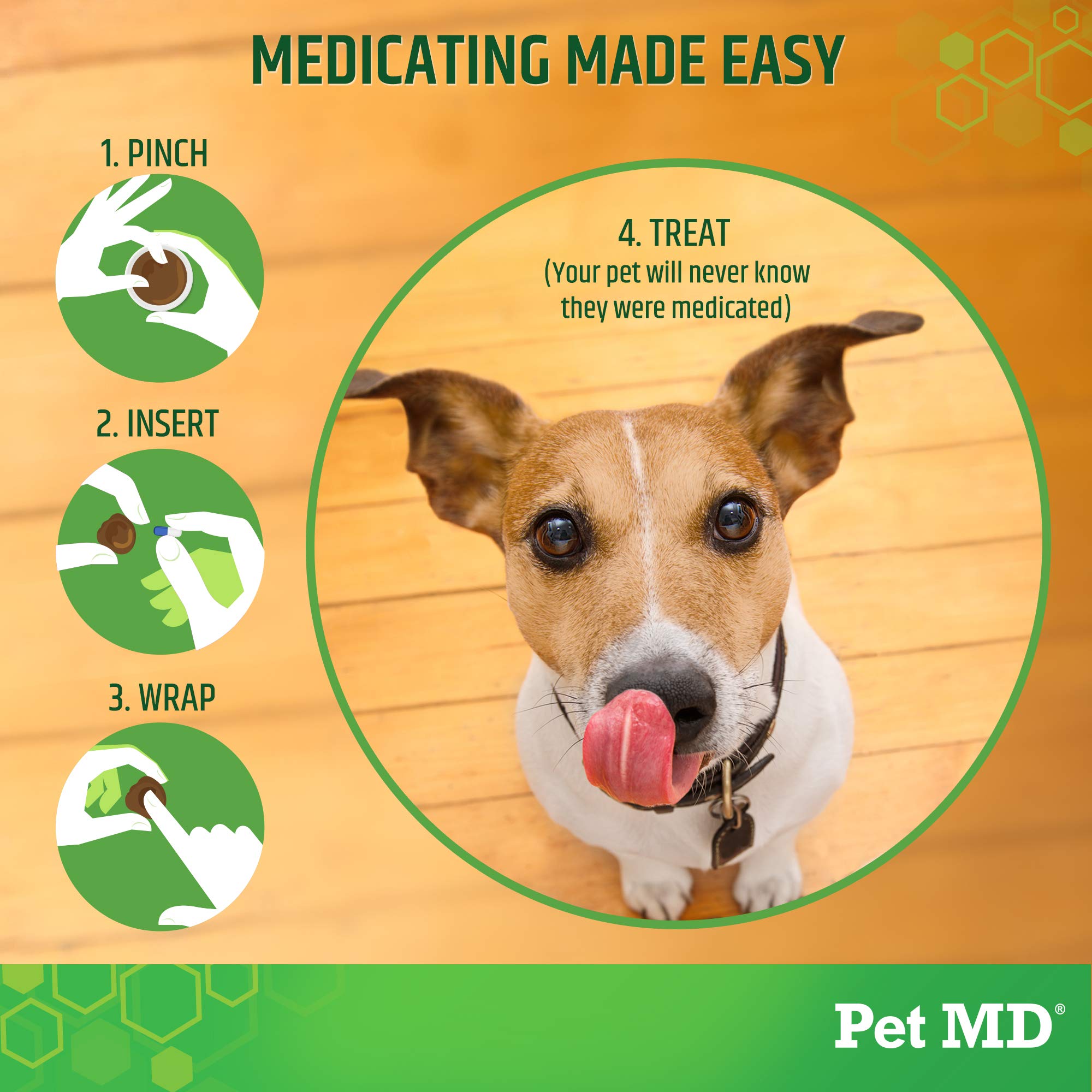 Pet MD Wrap dog-pill-time-smile shows dog accepting medication with bacon flavor