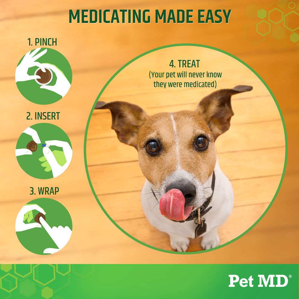 Pet MD Wrap dog-pill-time-smile shows dog accepting medication with bacon flavor