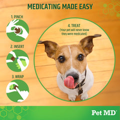 Pet MD Wrap dog-pill-time-smile shows dog accepting medication with bacon flavor
