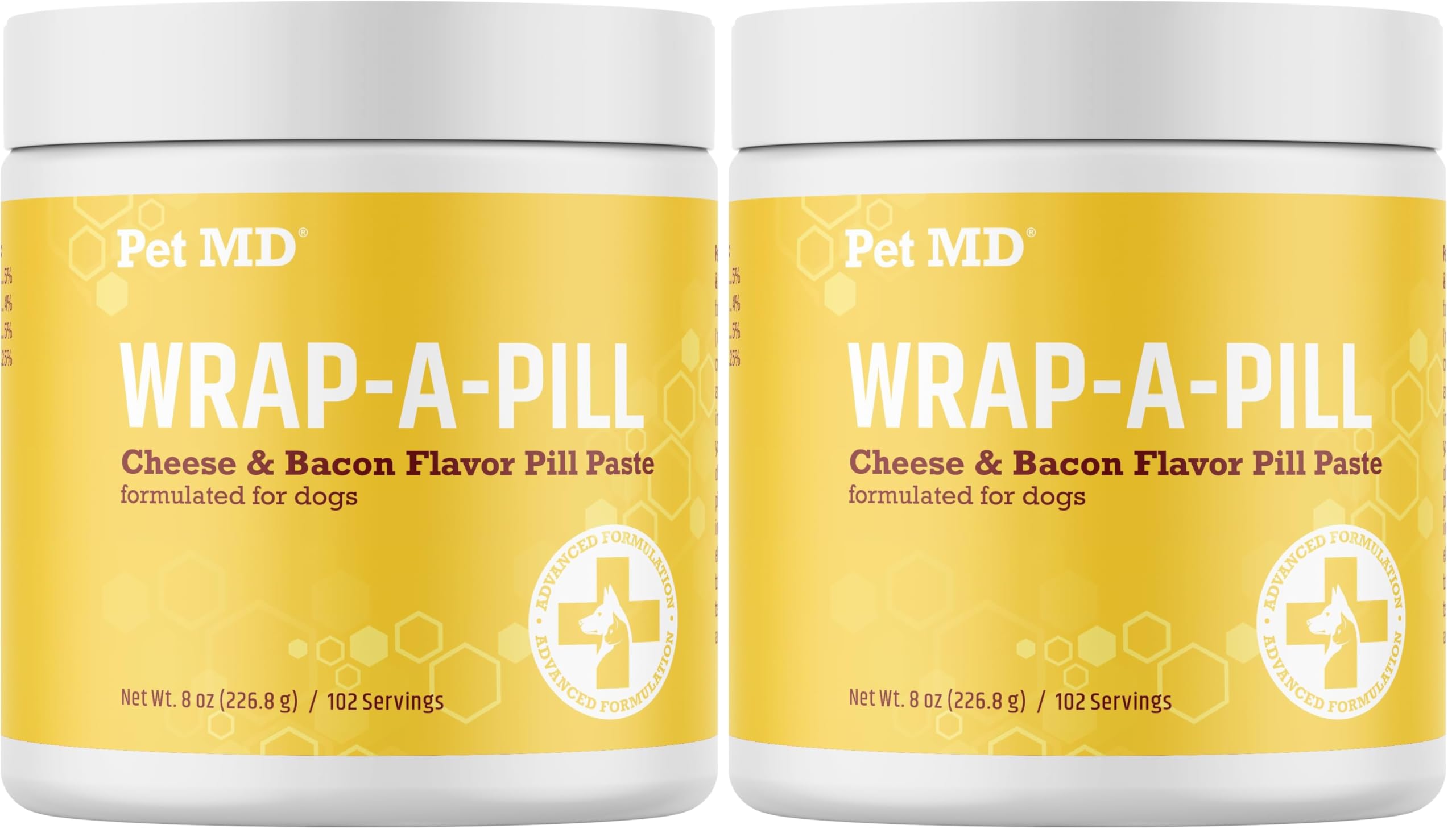 Pet MD Wrap outer-pack displays two 8 oz pill pastes for easy storage