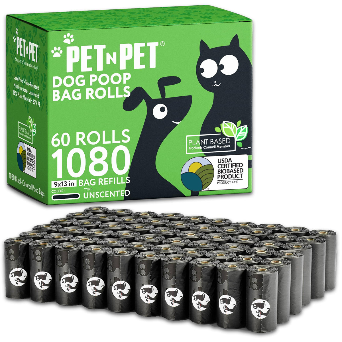 PET N PET 1080-count bag rolls shown for bulk dog waste cleanup on walks.