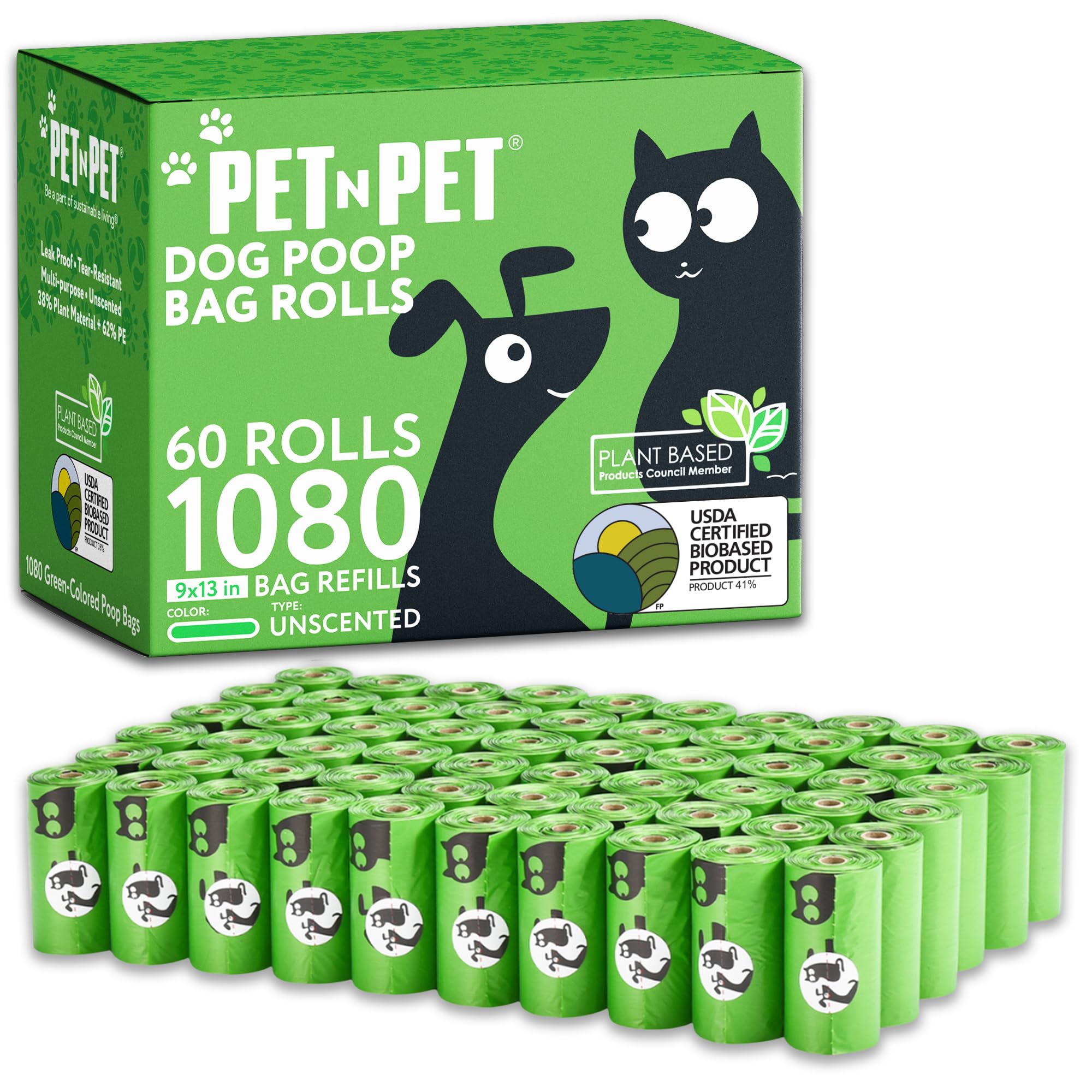 PET N PET 1080-count green poop bags packaging for easy daily dog-walk cleanup.