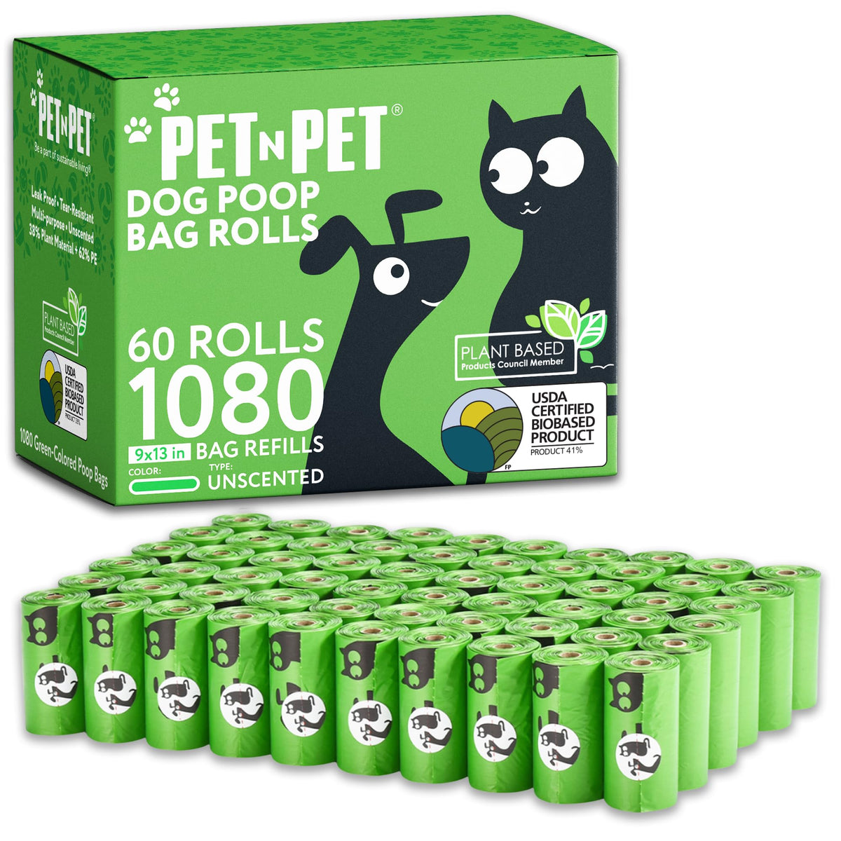 PET N PET 1080-count green poop bags packaging for easy daily dog-walk cleanup.