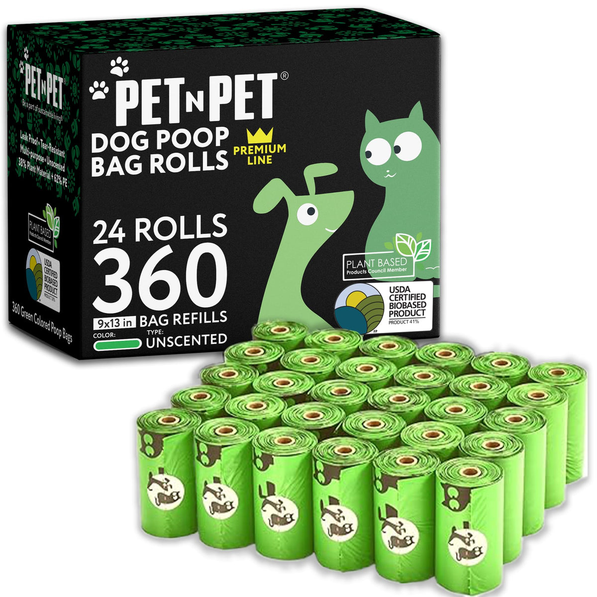 PET N PET 360 counts unscented dog poop bags pack ready for daily walks.