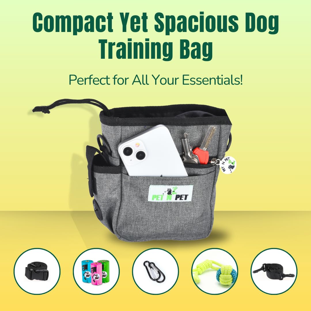 Pet N Pet dog treat pouch drawstring closure keeps treats secure during activity.