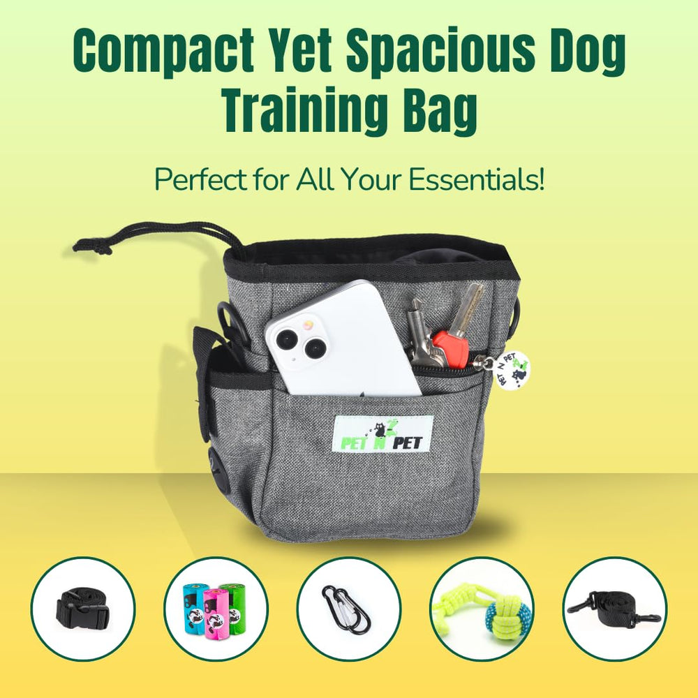 Pet N Pet dog treat pouch drawstring closure keeps treats secure during activity.