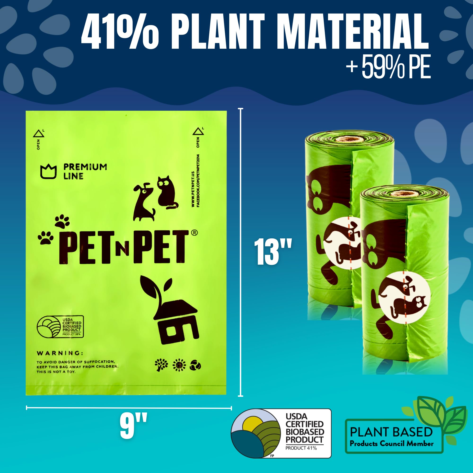 PET N PET dog poop bags with easy-tear design for quick cleanup.