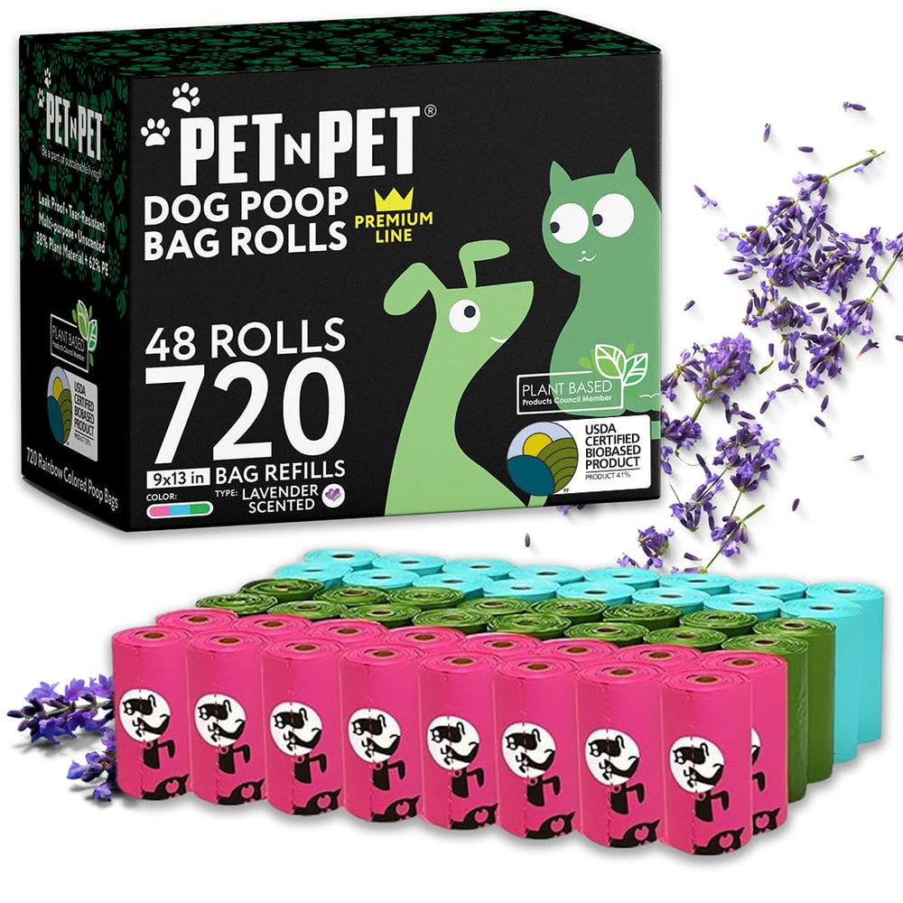 Pet N Pet lavender-scented poop bags shown in colorful rolls for odor-free walks.