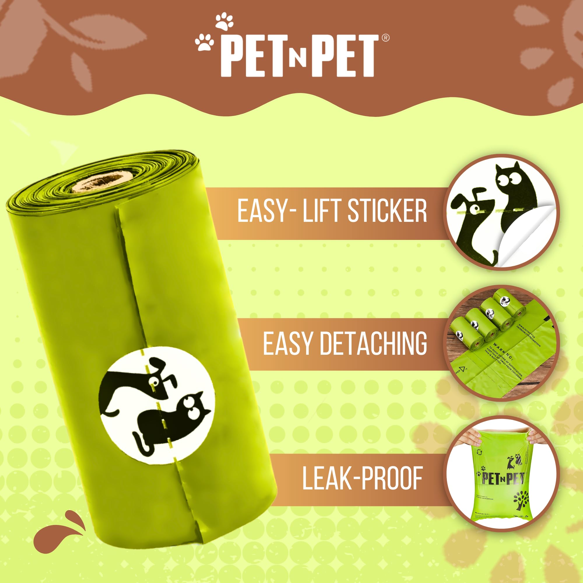 PET N PET poop bags roll with easy-tear perforation for quick cleanup