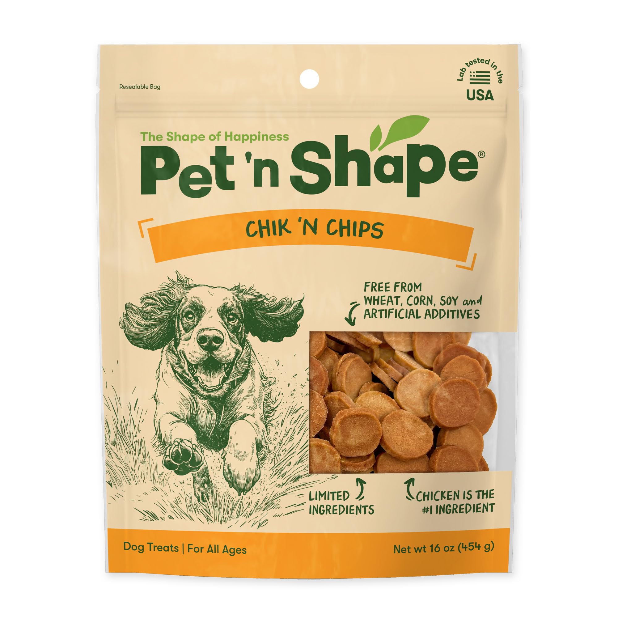 Pet 'n Shape Chik 'n Chips bag shows resealable packaging for easy freshness.