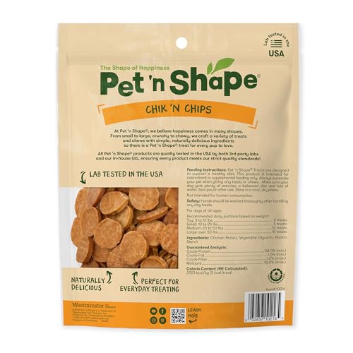 Pet 'n Shape Chik 'n Chips chips closeup highlights savory chicken flavor for rewards.