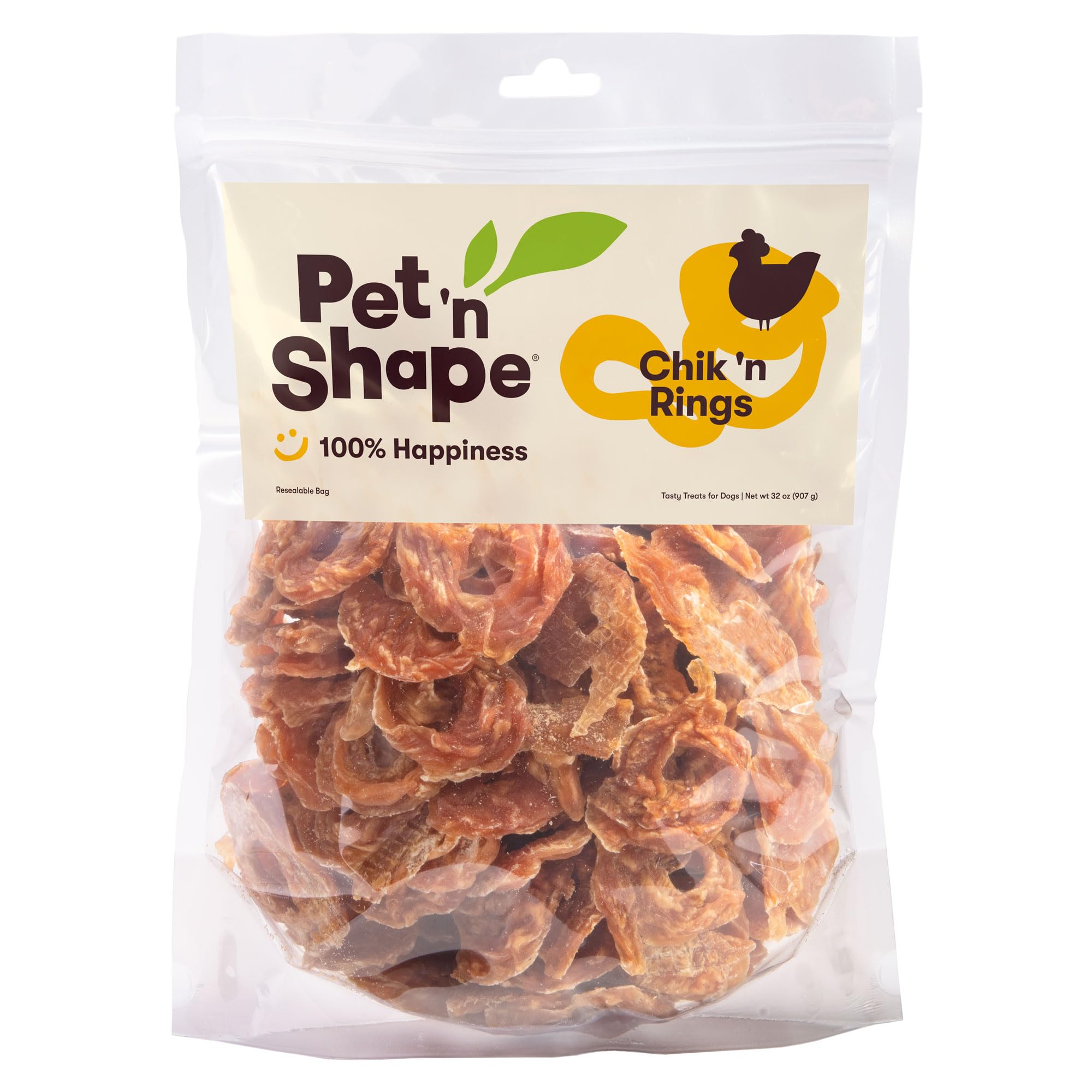 Pet 'n Shape Chik 'n Rings bag shows resealable packaging for freshness.