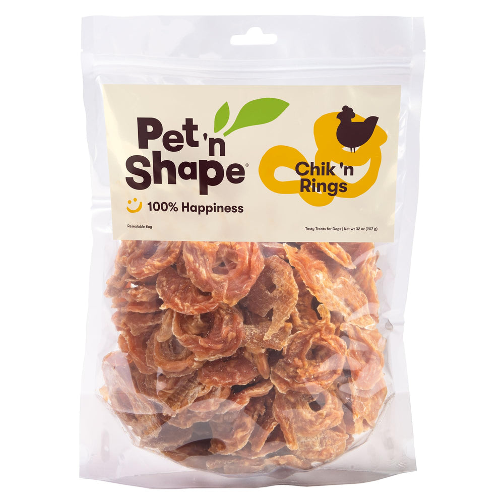 Pet 'n Shape Chik 'n Rings bag shows resealable packaging for freshness.