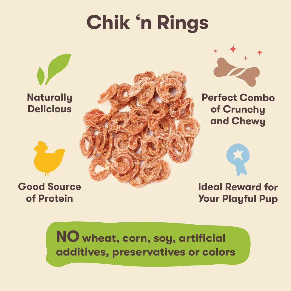 Pet 'n Shape Chik 'n Rings ingredients label emphasizes natural chicken and grain-free promise.