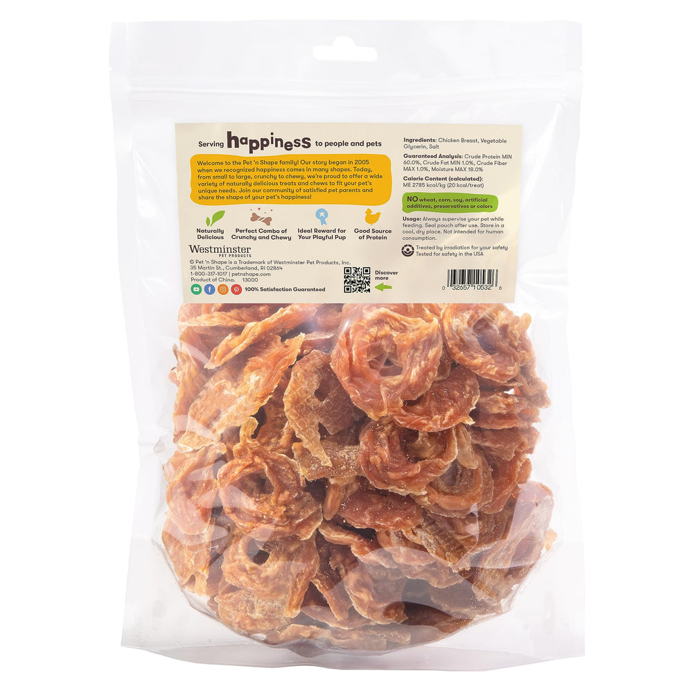 Pet 'n Shape Chik 'n Rings ring closeup highlights chewy texture and protein-rich bite.