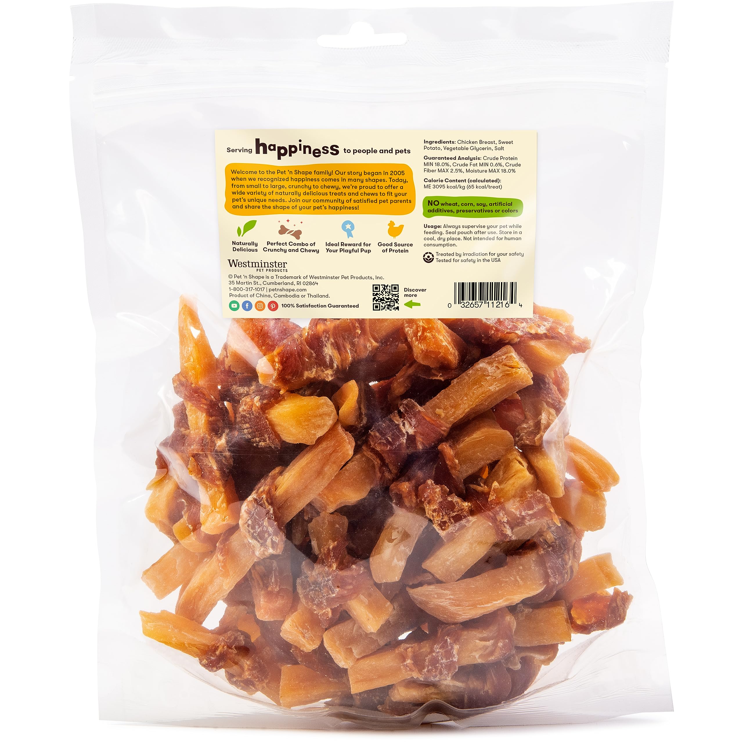 Pet 'n Shape chik-n sweet potato snacks close-up of natural chicken breast.