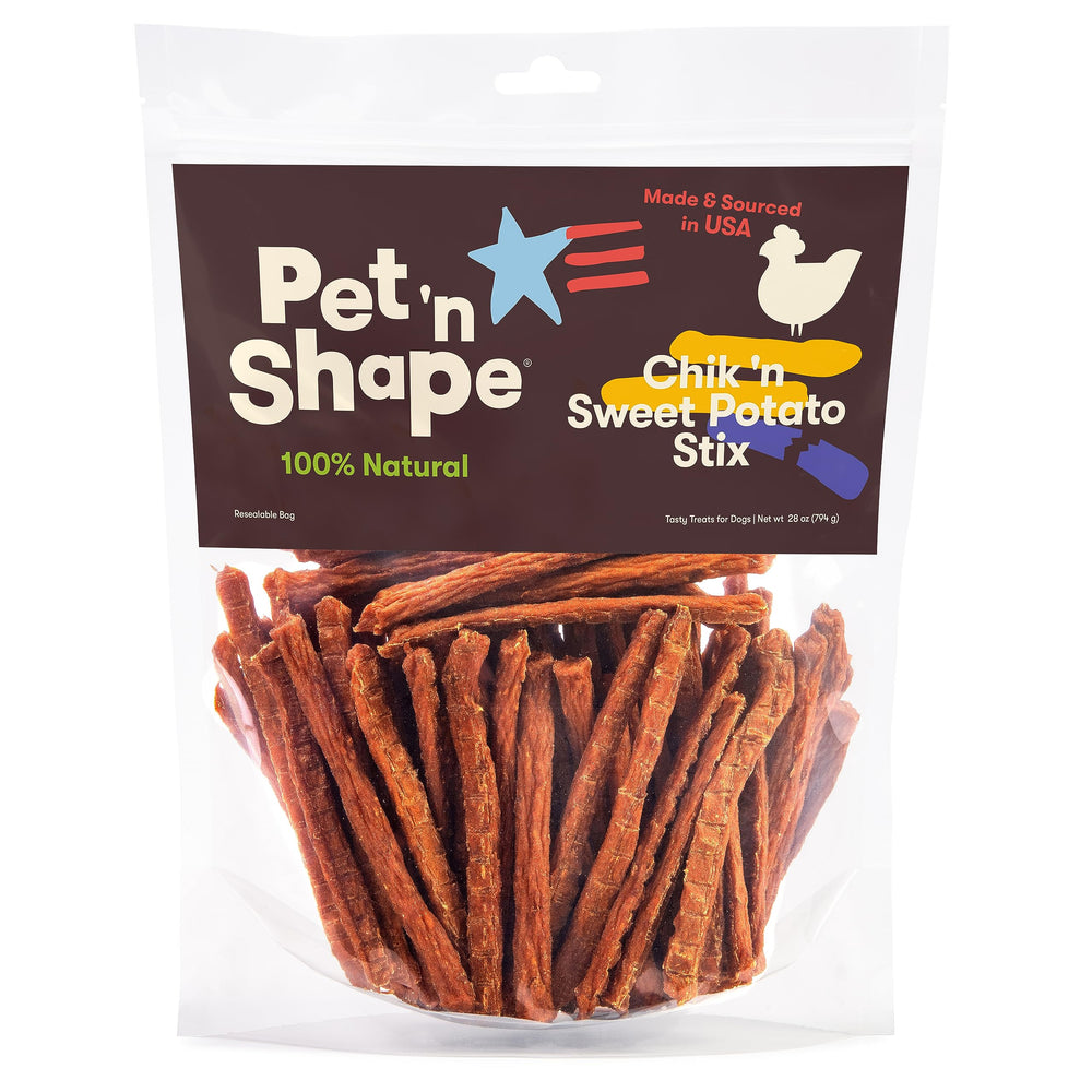Pet 'n Shape Chik 'n Sweet Potato Stix 28-ounce bag highlights USA sourcing.