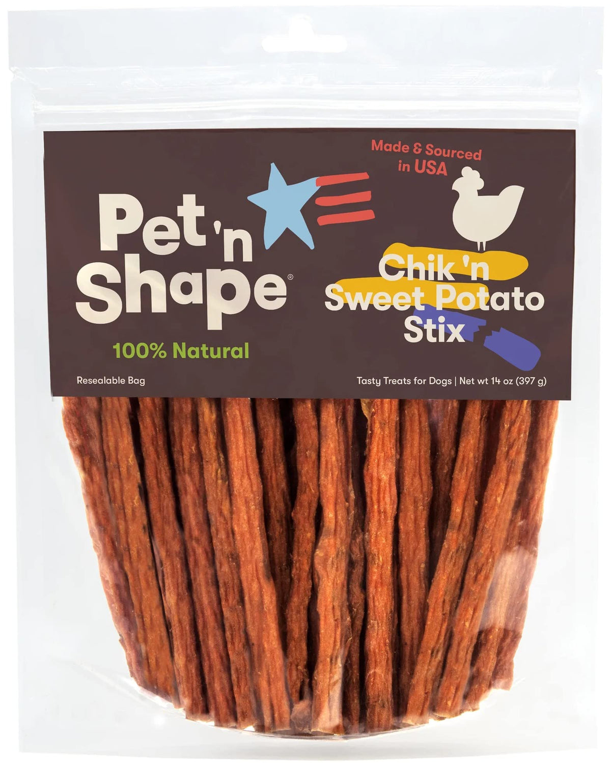 Pet 'n Shape Chik 'n Sweet Potato Stix pack neatly sealed for freshness and portability.