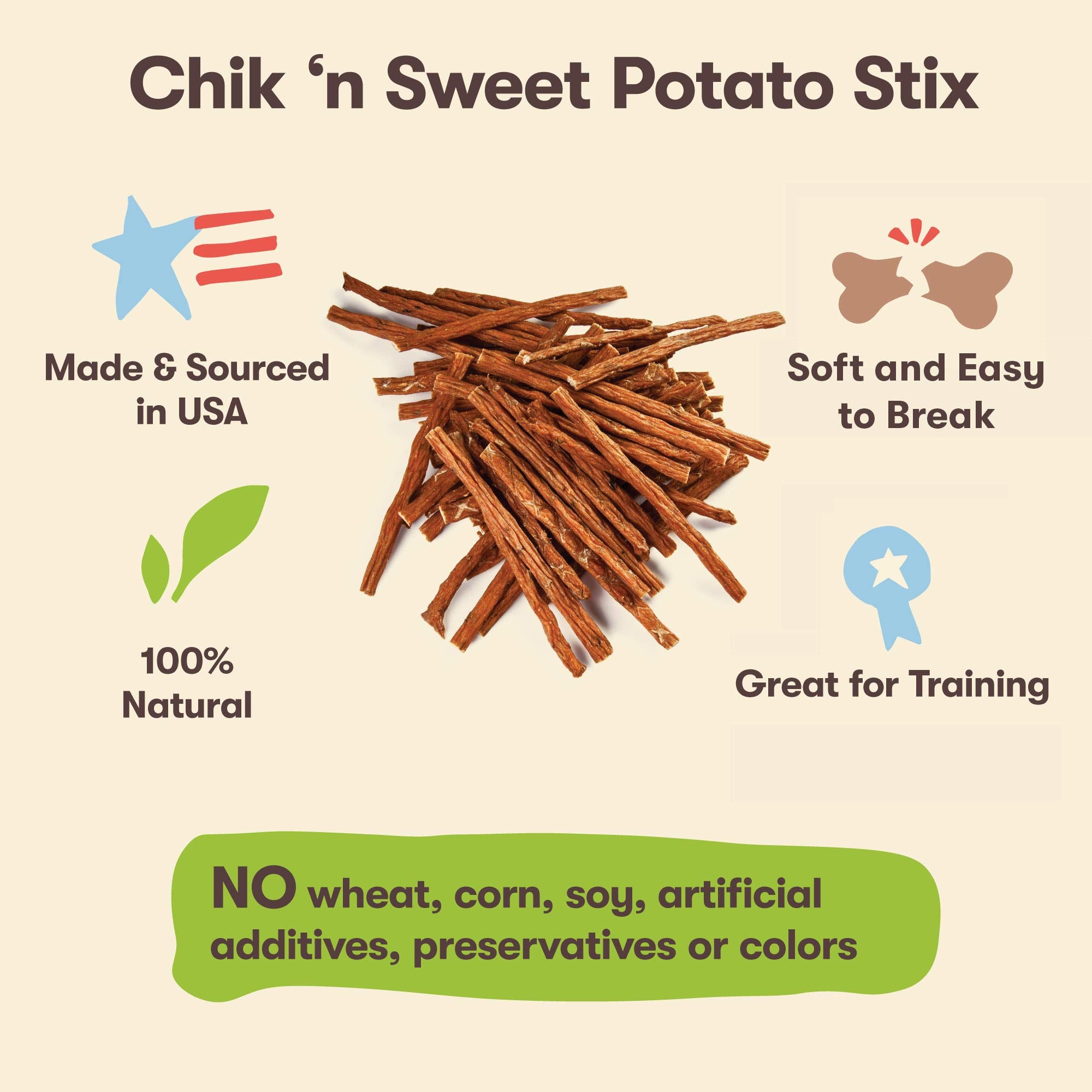 Pet 'n Shape Chik 'n Sweet Potato Stix proudly made in the USA.